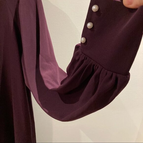 MOLLY BRACKEN Sz L Balloon Puffy Sleeve Pearl Button Midi Wine Colour Dress - Picture 3 of 9